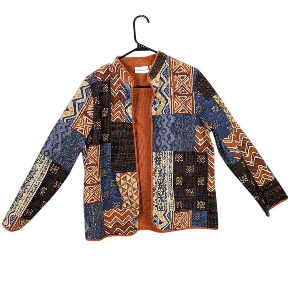 Alfred Dunner Quilted Jacket Womens 12 Blue Brown Patchwork Open Front Cottage